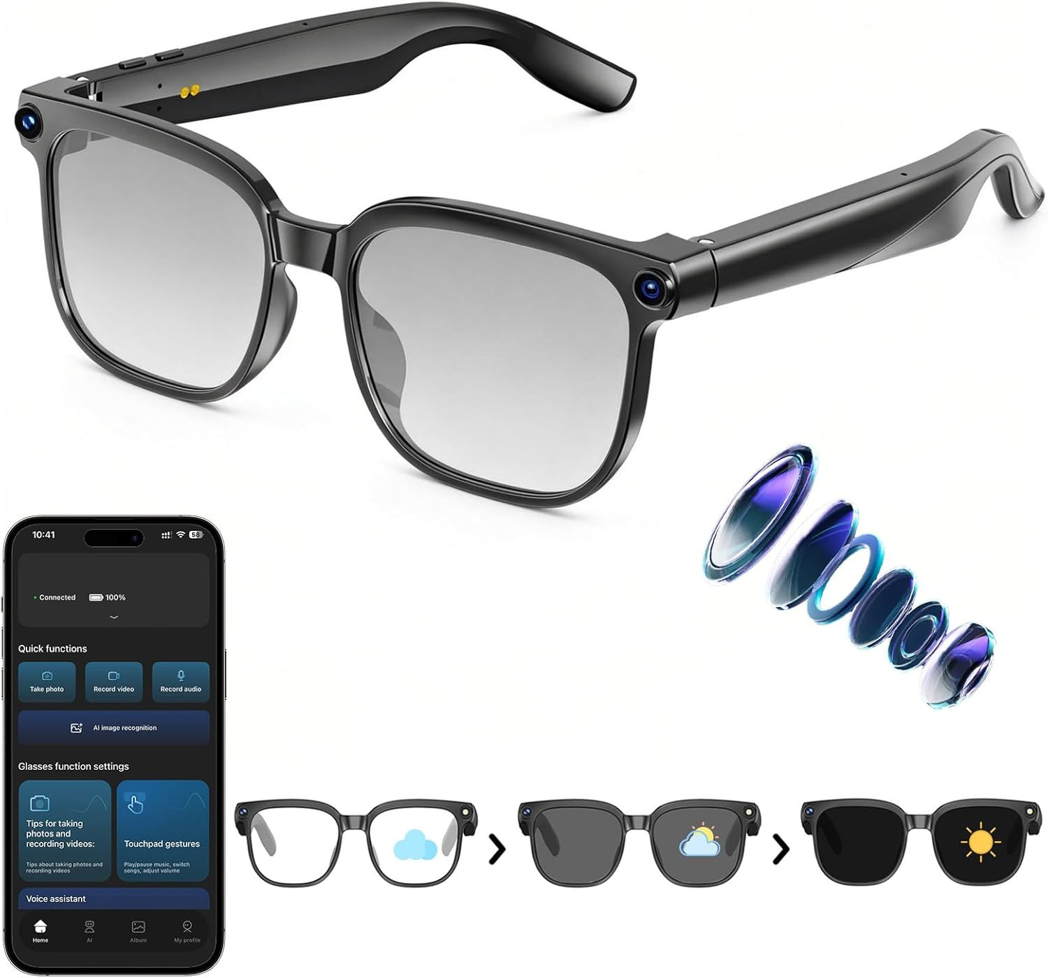 AI Smart Glasses with Camera,8Mp Camera Glasses,1080P Anti-Shake Video Recording