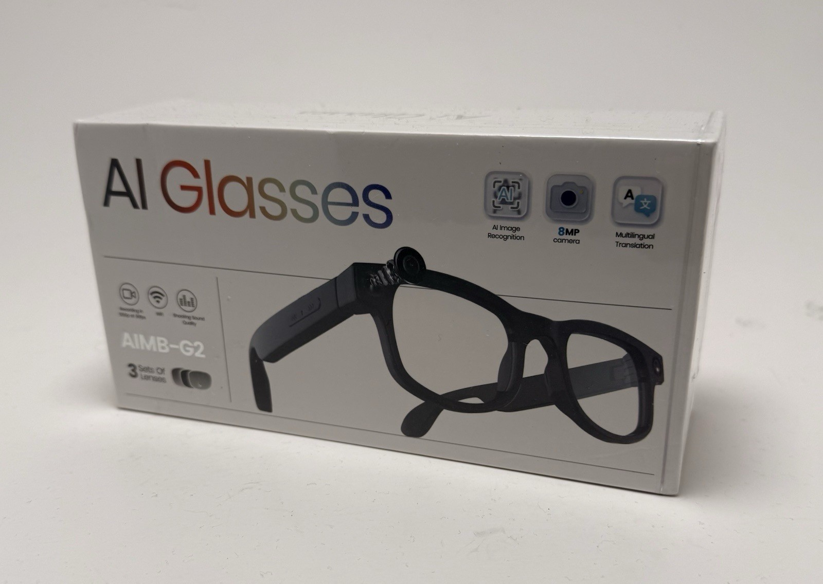 AIMB-G2 AI Smart Glasses 3 Sets Of Lenses, WiFi, 8 MP Camera, Translation, NEW