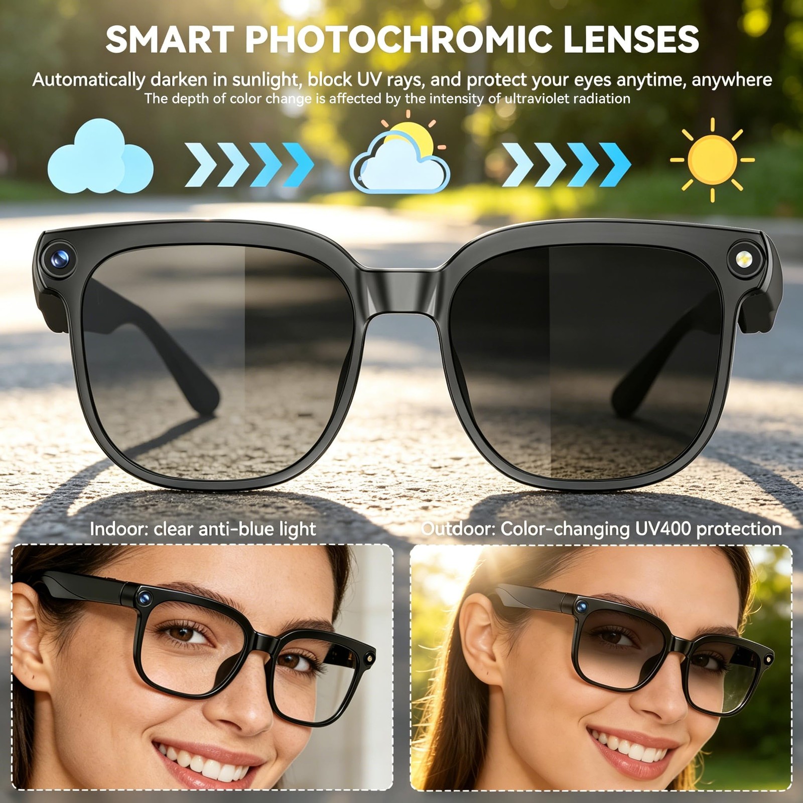 AI Smart Glasses with Camera 8MP Camera Glasses 1080P Anti Shake Video Recording