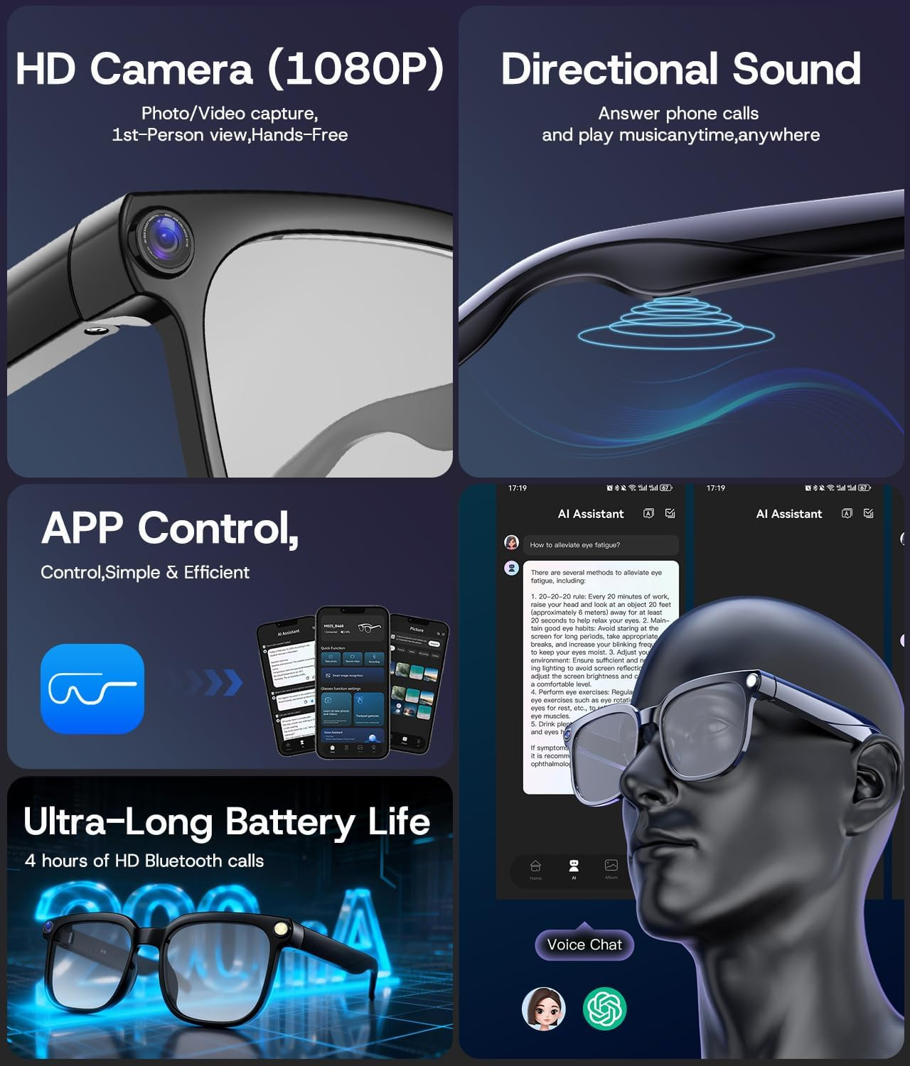AI Smart Glasses, Bluetooth Glasses for Men, Women,8Mp Camera, Real-Time Chatgpt