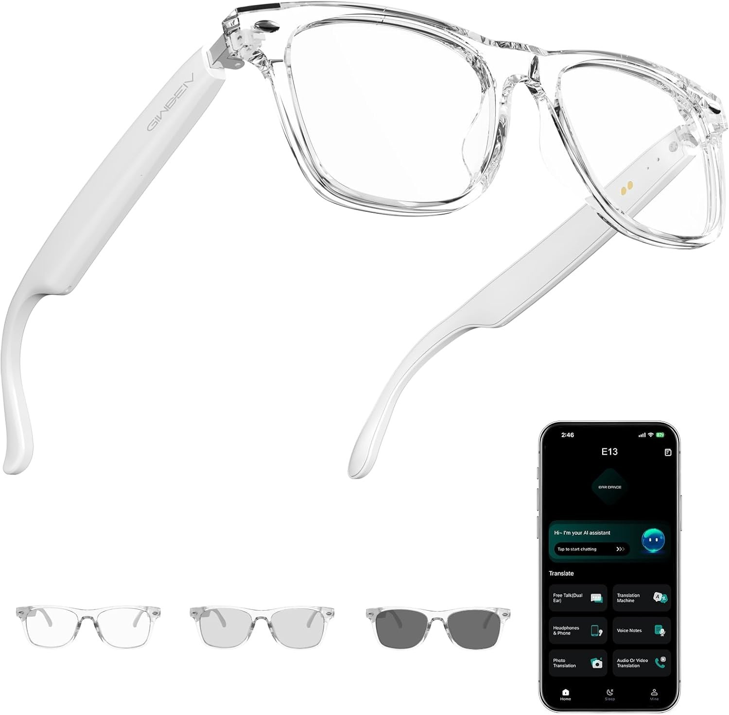 Giwbeiv E13 AI Smart Glasses Clear/White Frame Photochromic Lens New Men Women
