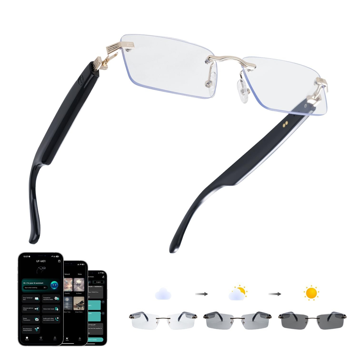 Real-Time AI Translation Glasses, Bluetooth Smart Eyewear for 164 Languages, Pho