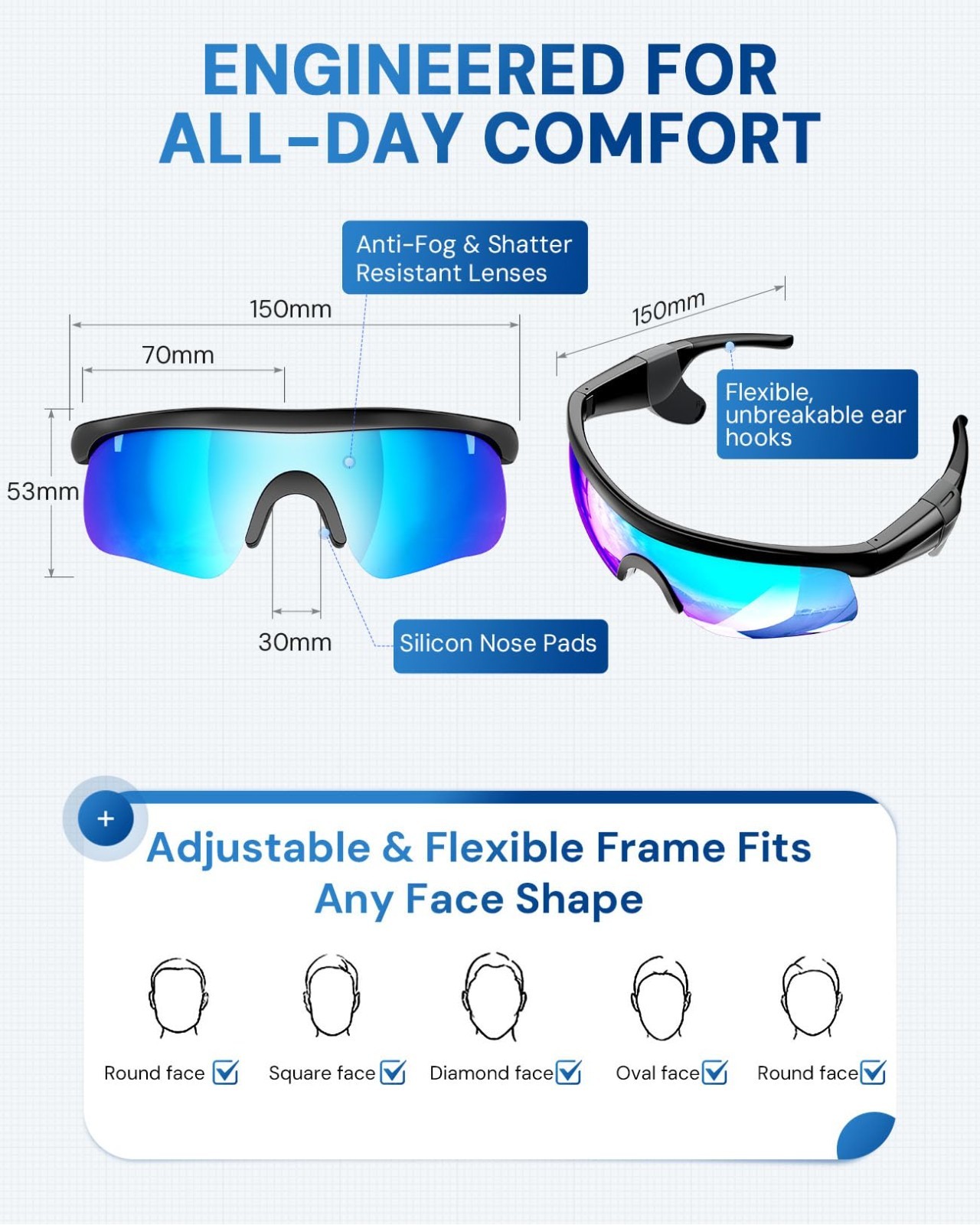 Bluetooth Audio Sunglasses – Open Ear Sound Glasses for Running, Cycling, UV400