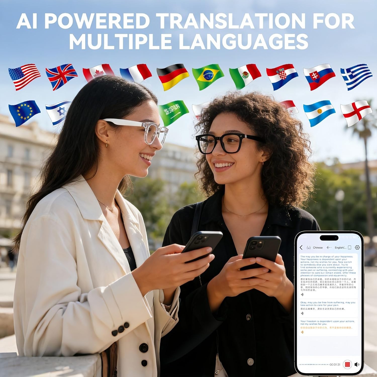 AI Smart Glasses, Bluetooth Glasses for Men Women Open-Ear Music & Calls Touch