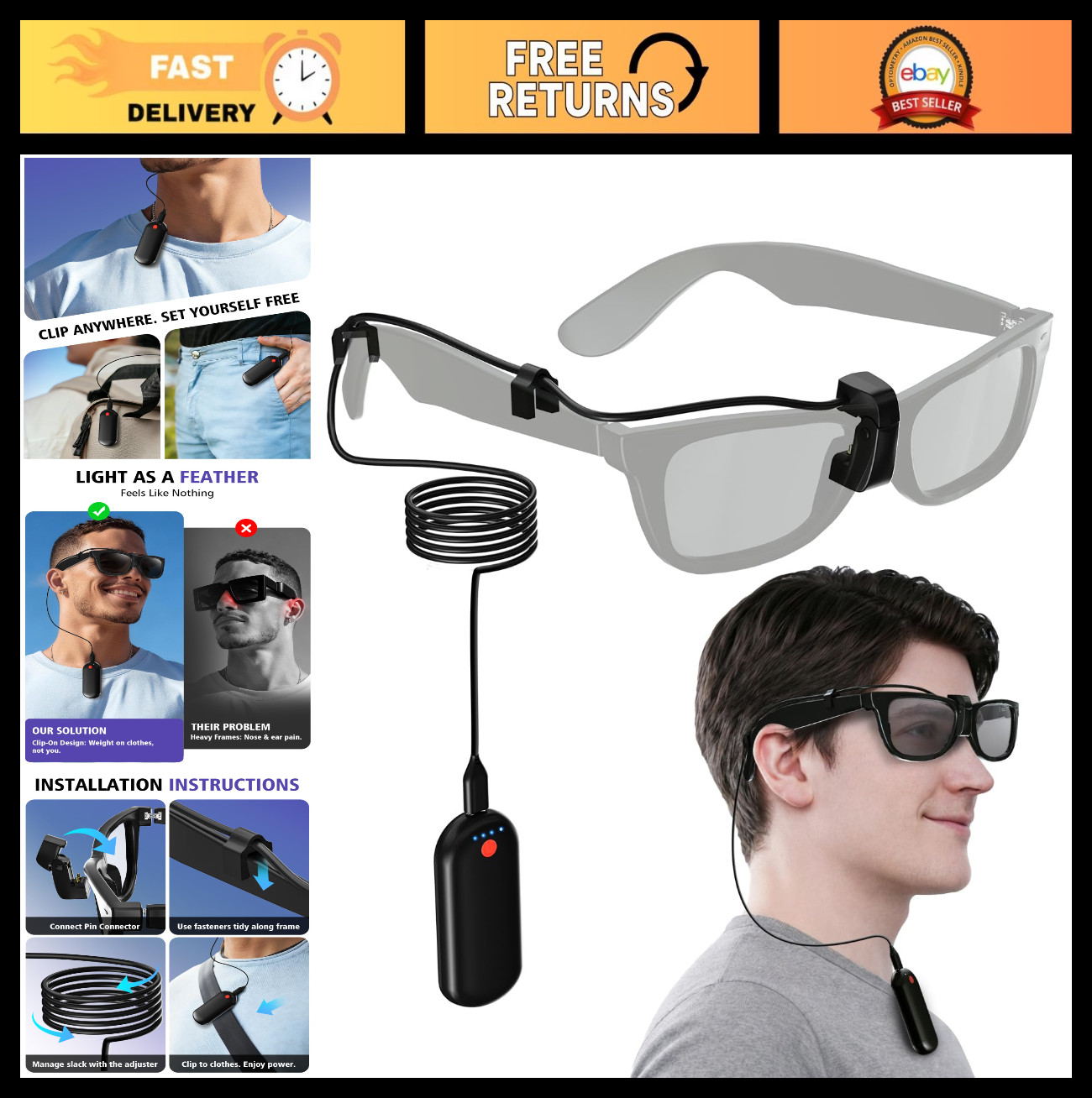 3000mAh Smart Glasses Battery Pack, Clip-On Charger for Wayfarer & Skyler, Fast