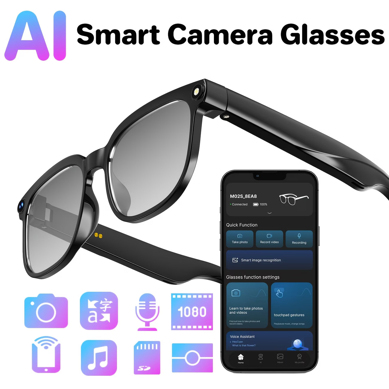 Smart AI Camera Glasses 8MP Video & Audio Recording Real-time Translation