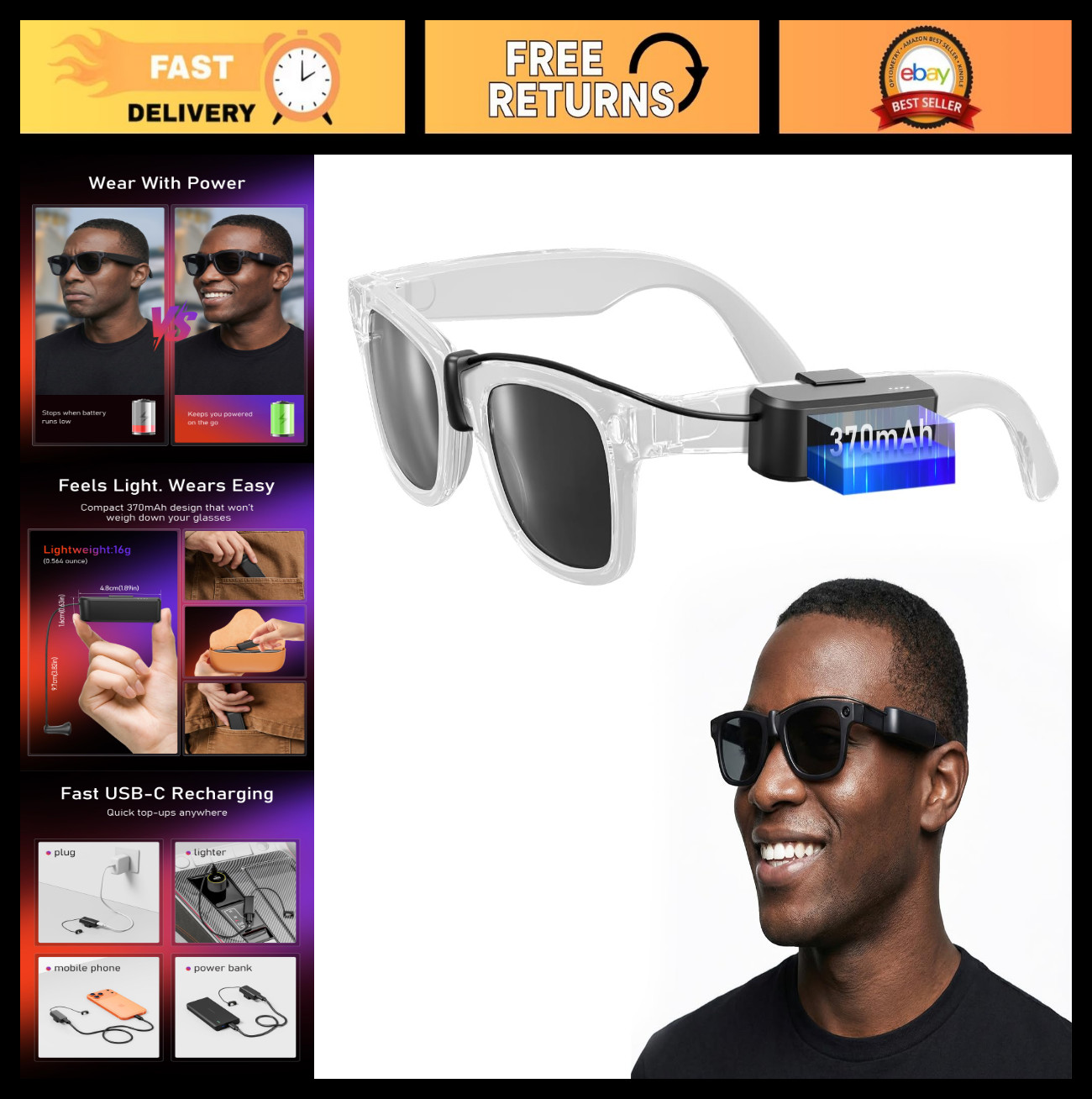 Ultra-Light Wearable Battery Pack Charger for Smart Glasses – Mini Power Bank Ac