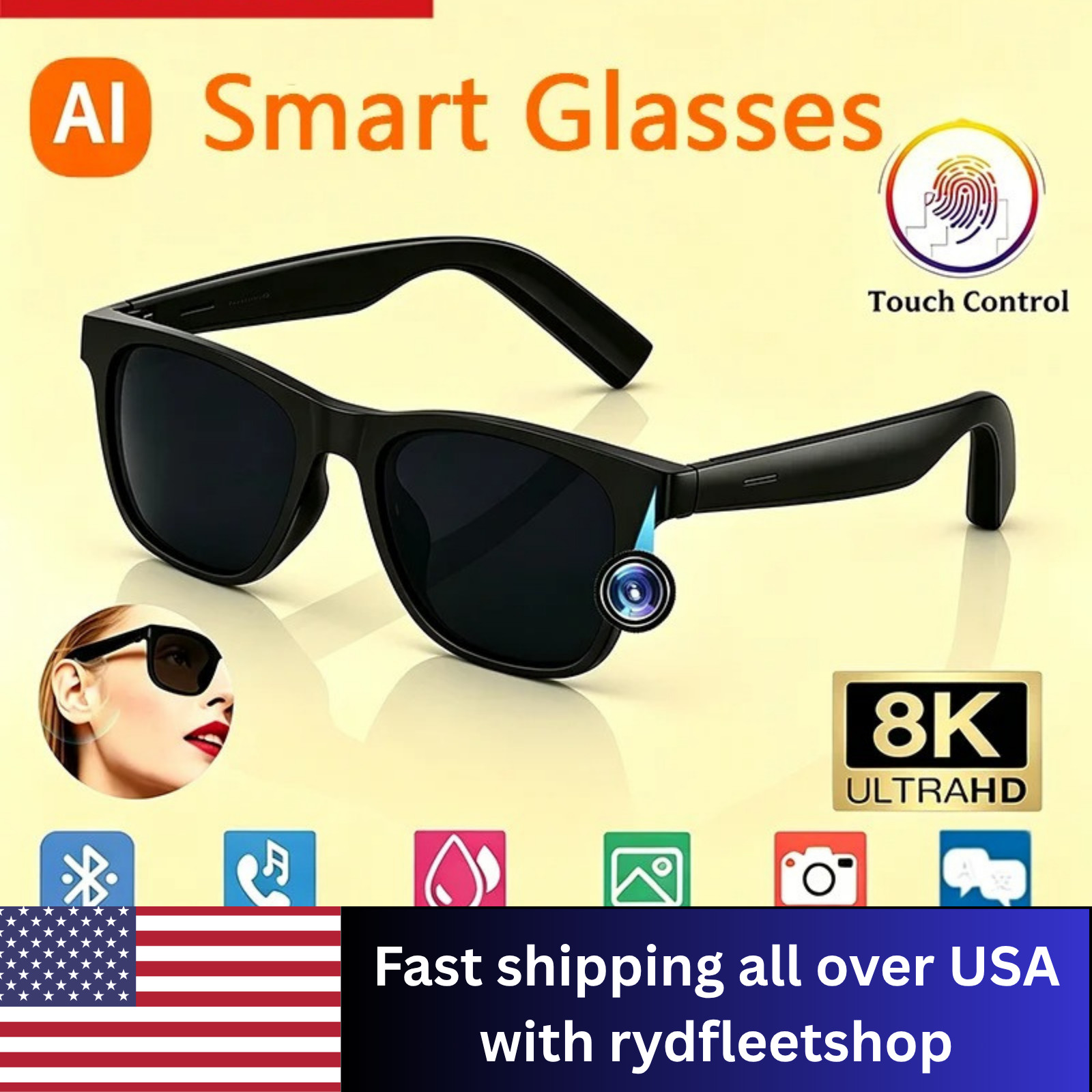 8K Camera AI Smart Glasses Touch Control Photo Recording Translator Voice Assist