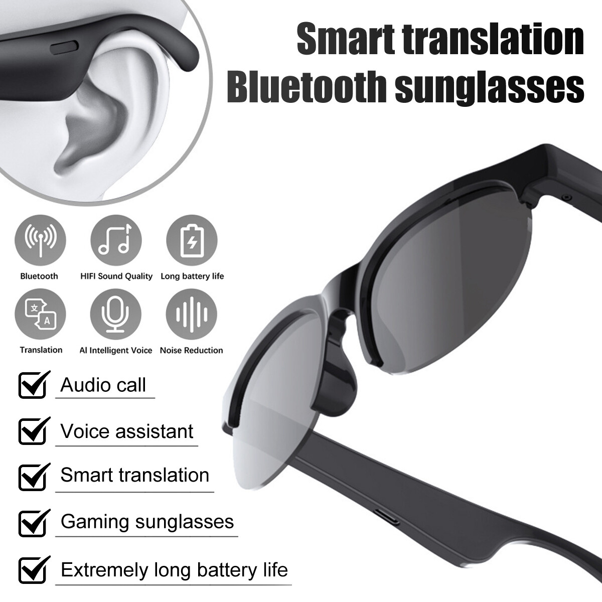 Wireless AI Language Smart Translator Glasses Headset 144+ Languages Translation