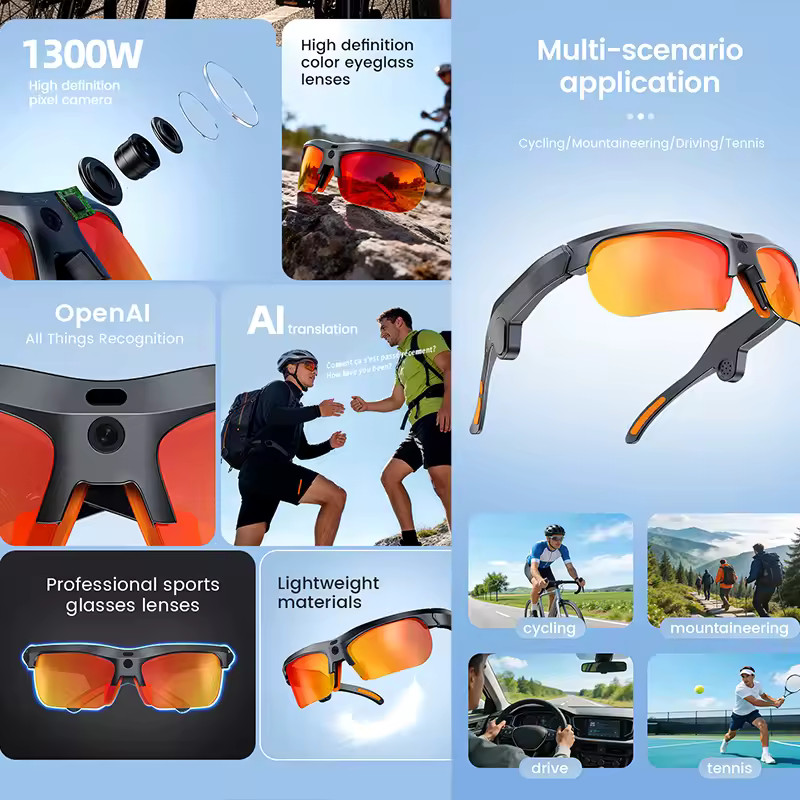 Smart Ai Cycling Glasses 1300W HD Camera Translation Sports Outdoor Sunglasses