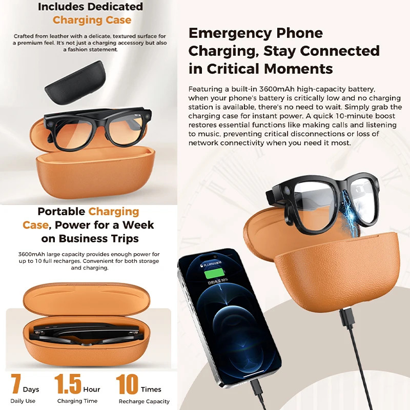Smart HD Camera Glasses With Charging Case AI Translator Bluetooth Call Headset