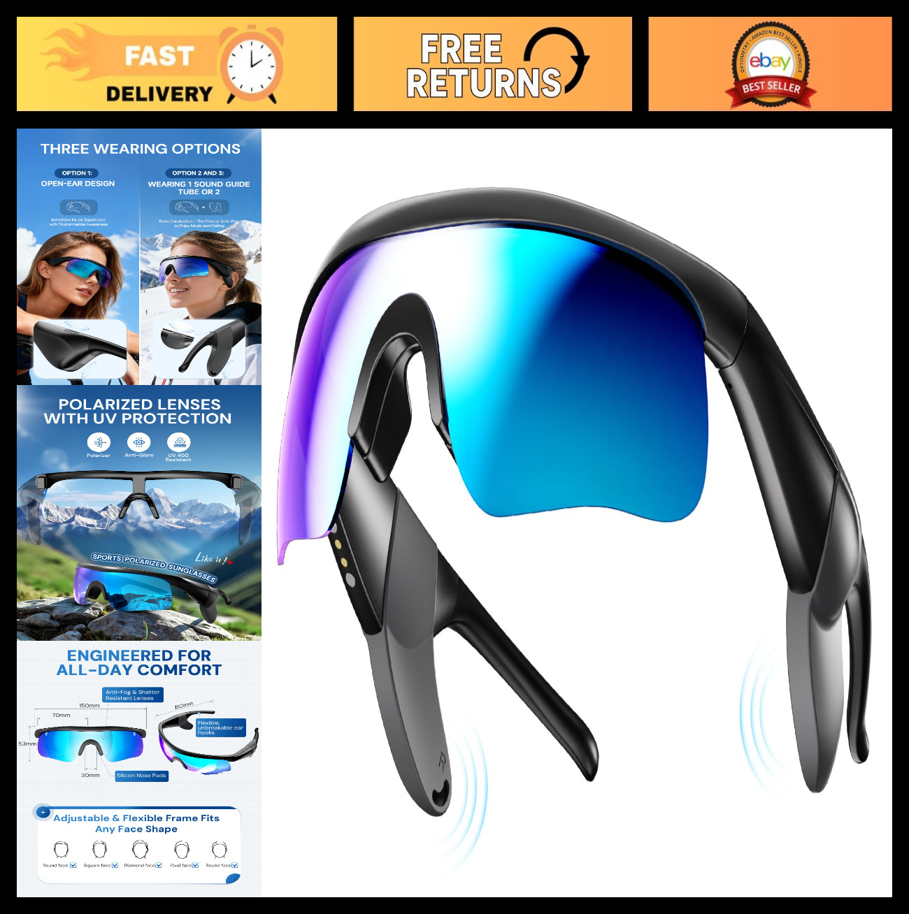 Bluetooth Audio Sunglasses – Open Ear Sound Glasses for Running, Cycling, UV400