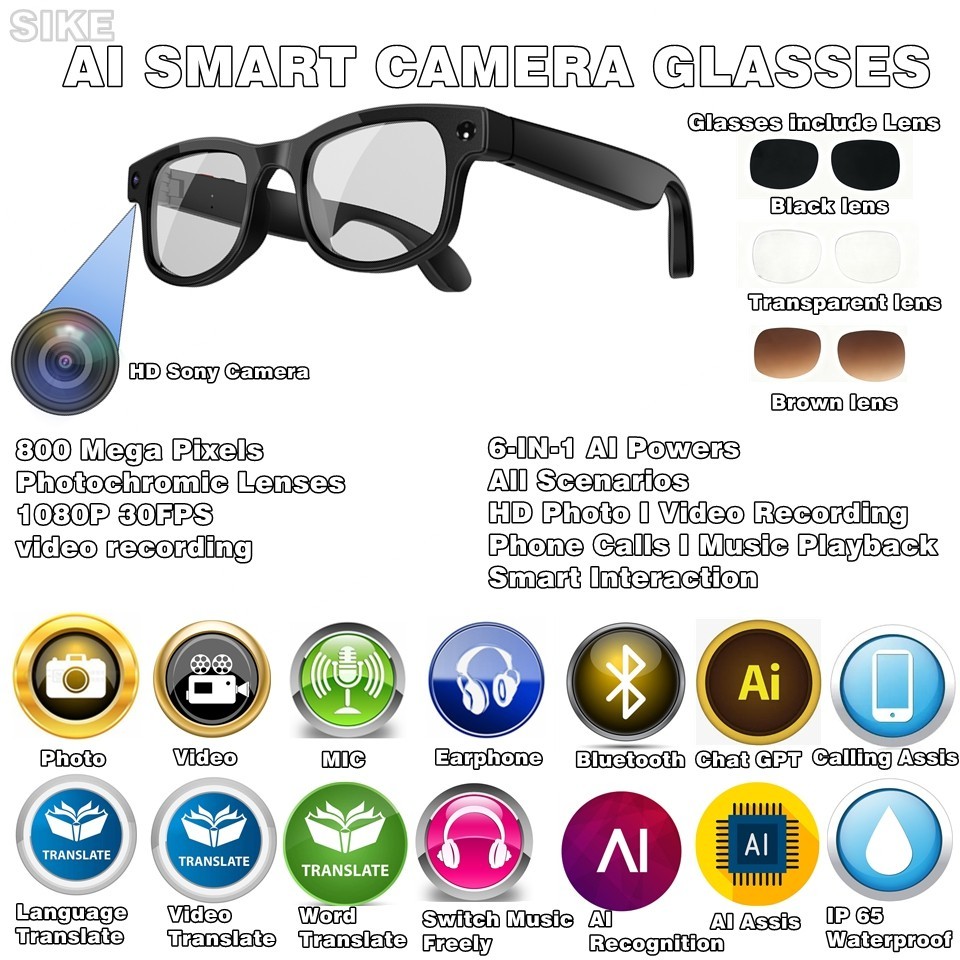 Smart Glasses Built-in Chat GPT, 8MP Camera,AI Translation 26 Languages