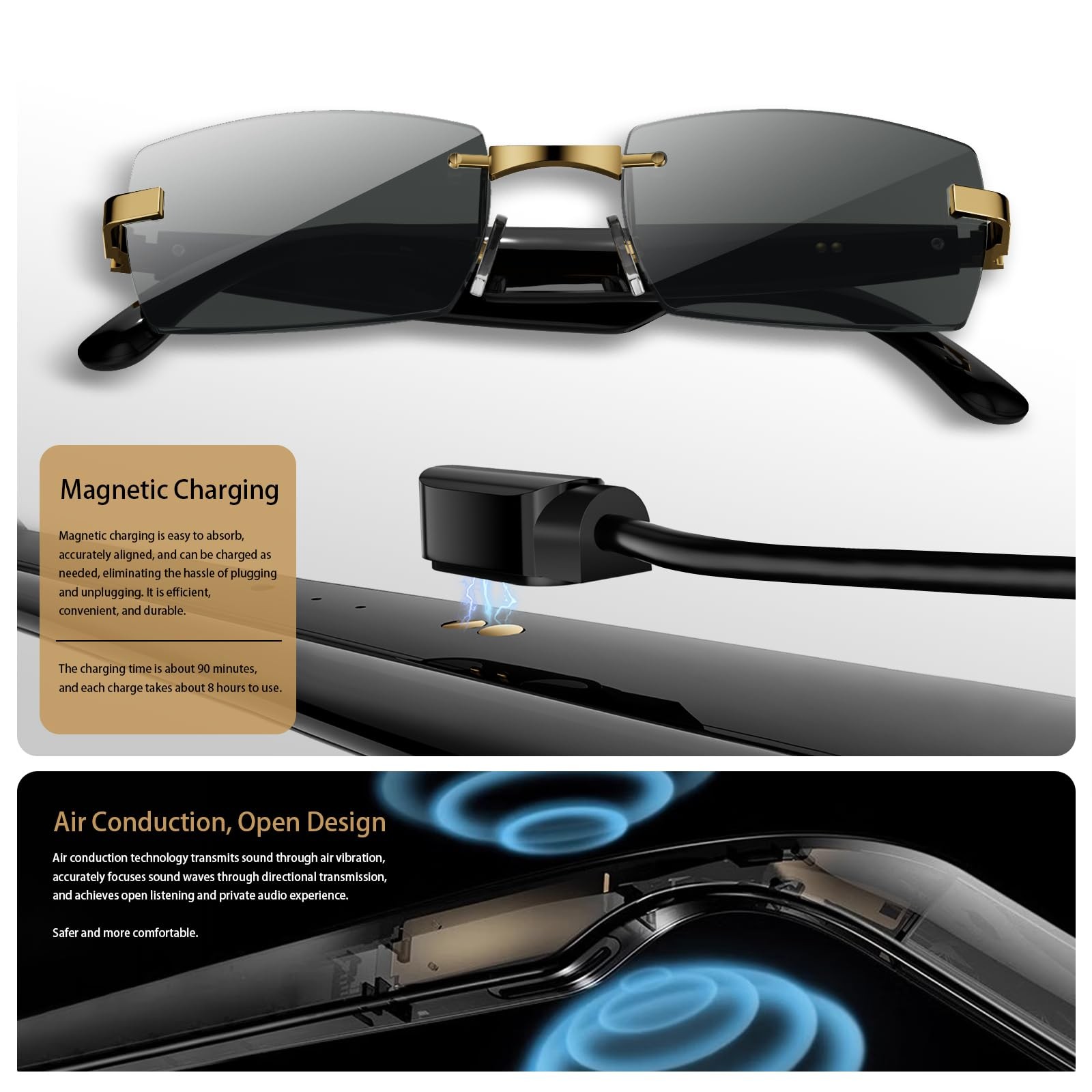Smart Glasses, Bluetooth sungglasses, frameless lenses, built-in microphone and