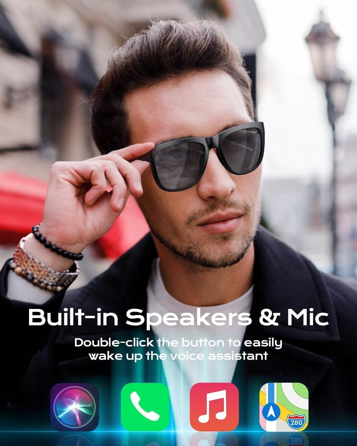 Smart Bluetooth Audio Glasses with Mic, UV400 Sunglasses, Unisex Black