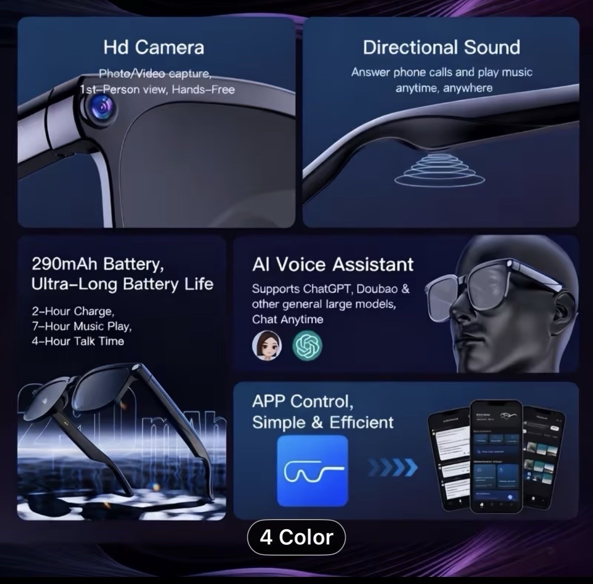 M02S Smart Camera Glasses, AI Voice Assistant, Translation, Bluetooth Wi-Fi