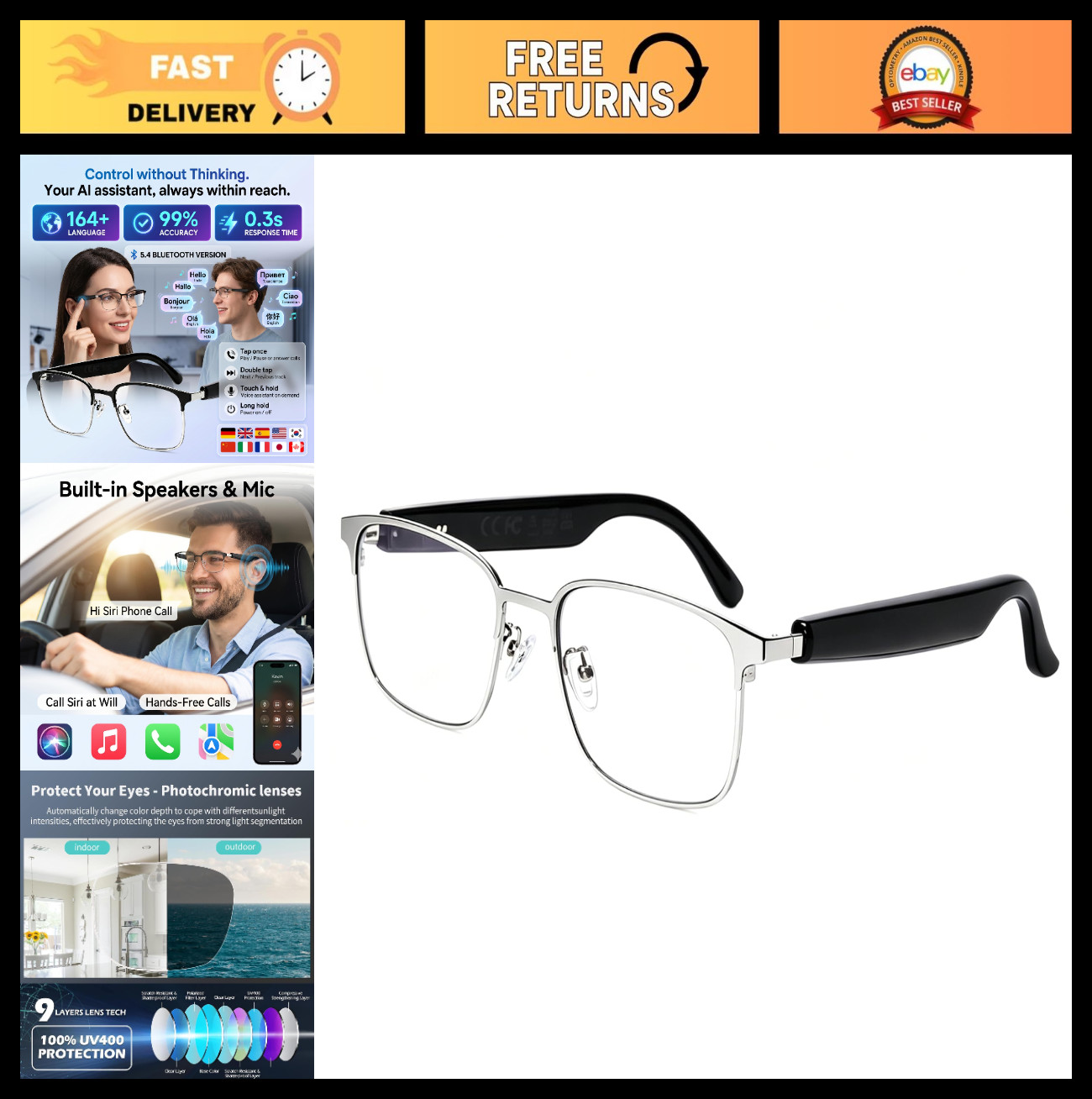 Smart Bluetooth Glasses with Translation 160+ Languages, Color-Change Lens, Chat