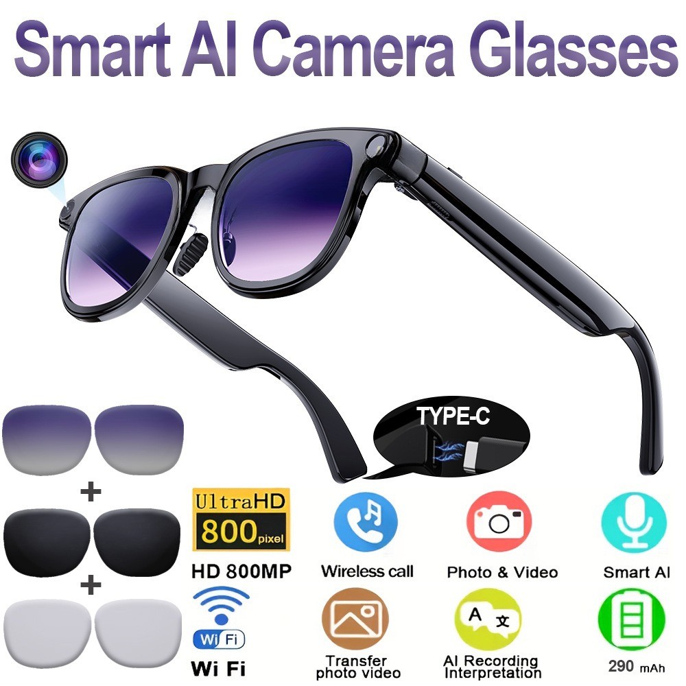 2026 Smart Glasses 8MP HD Camera Bluetooth Call AI Translation Dual Mic Headset