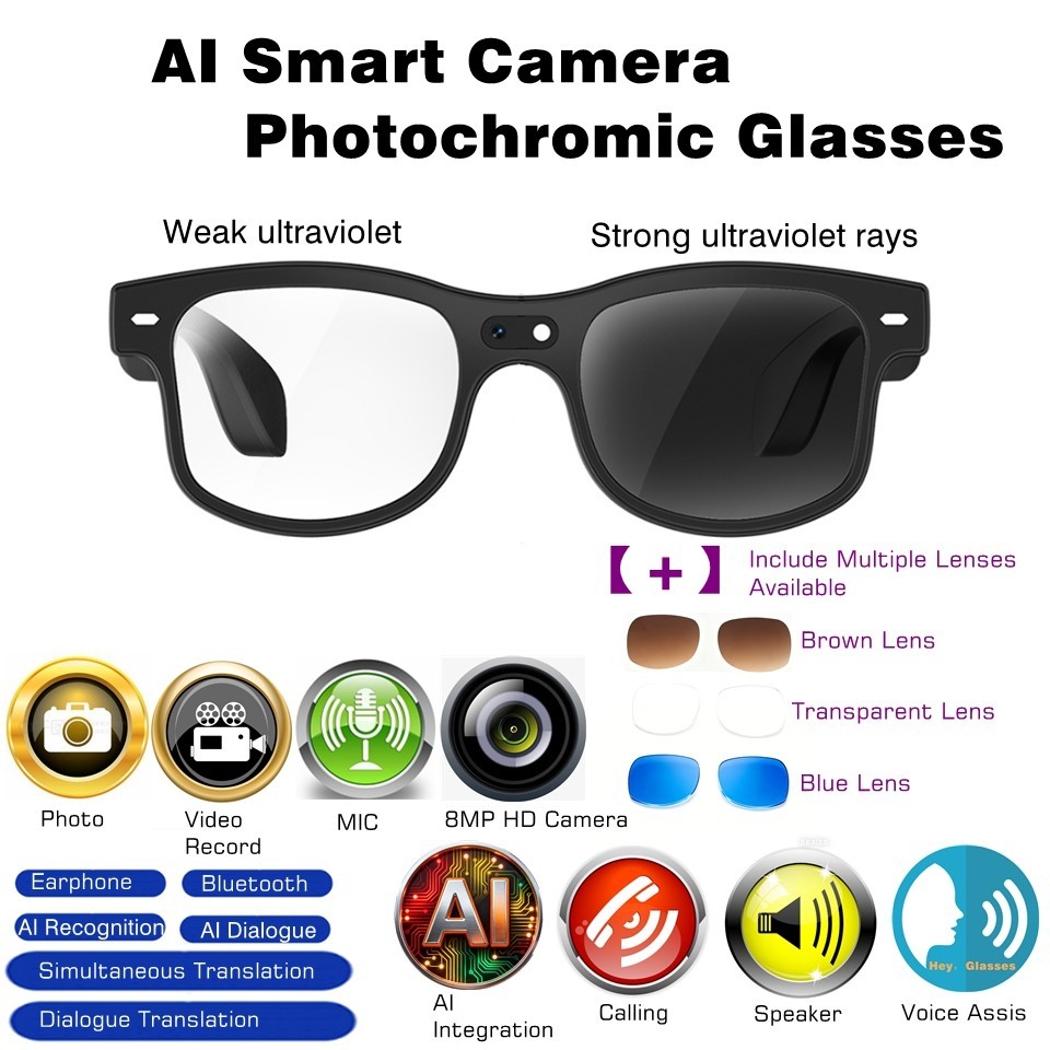 AI Smart Glasses 1080p HD Video 8MP Camera Language Translator Bluetooth Music