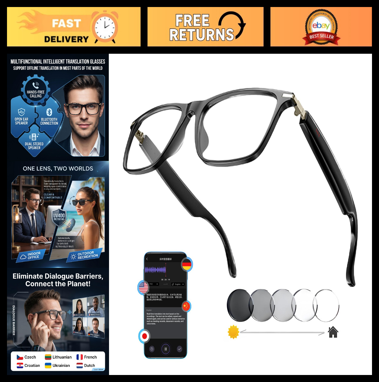 AI Smart Glasses with 164 Language Translation, Bluetooth Speakers, Photochromic