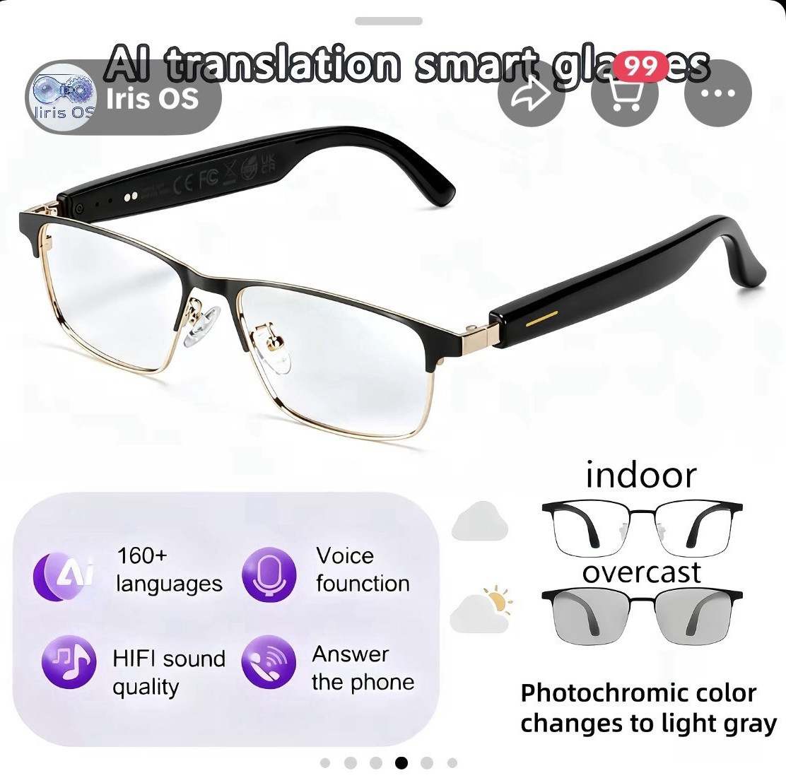 Iris OS AI Translation Smart Glasses Photochromic Lenses Bluetooth 160+ Lang