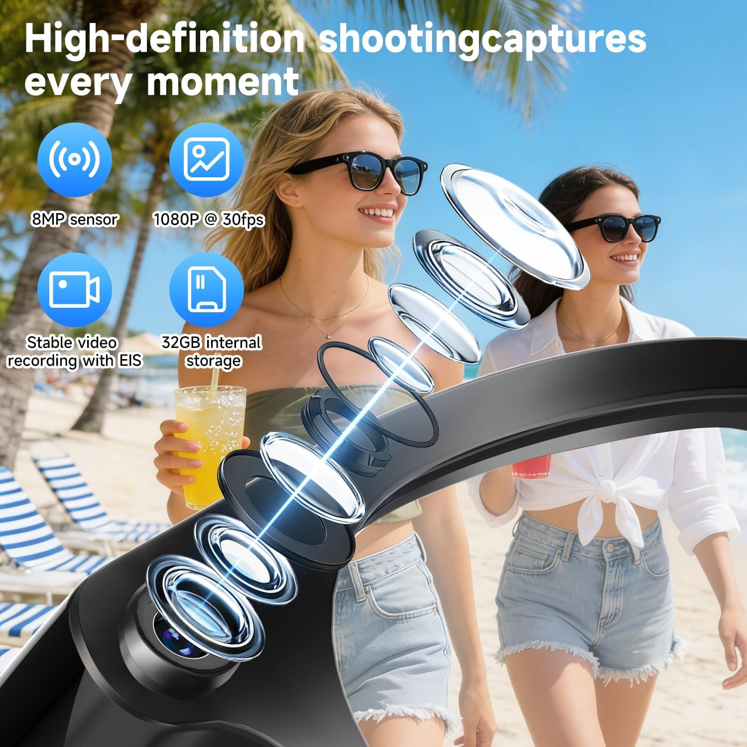 AI Smart Glasses with Camera,AI Voice Assistant,8MP/1080P HD Video & Audio Recor