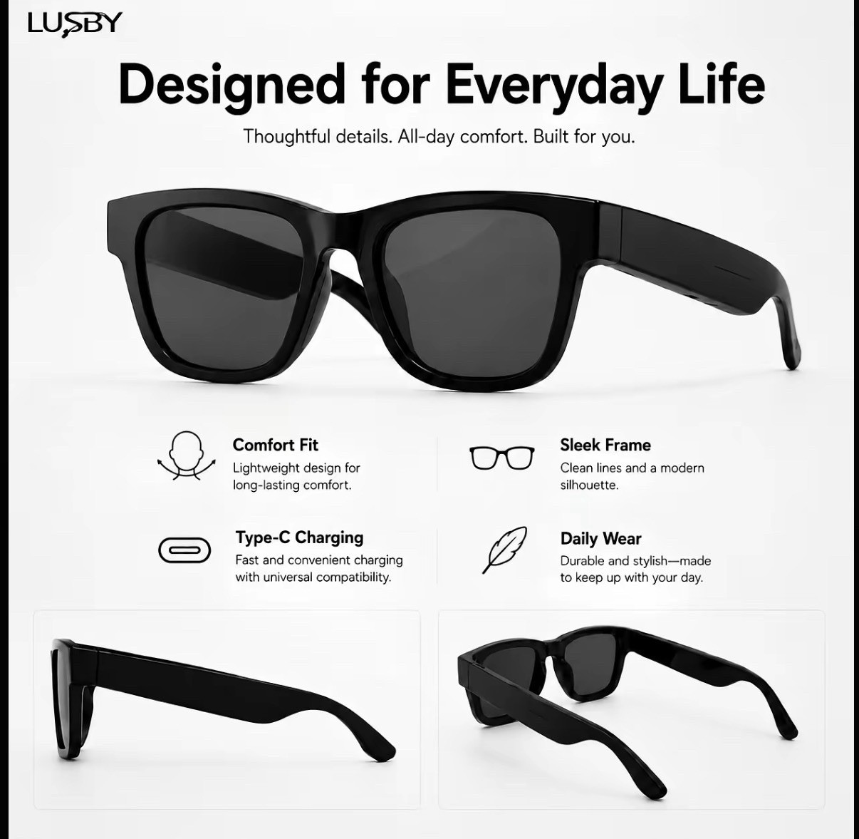LUSBY KO AI Smart Glasses – AI Translation, Open-Ear Audio/Calls, Tint