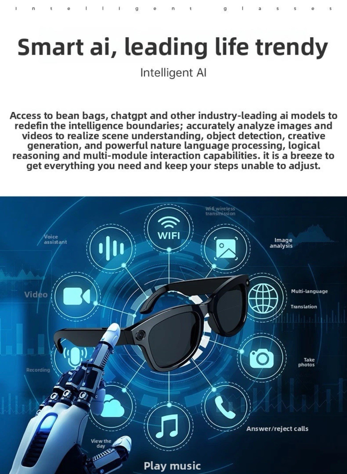 Smart glasses AI real-time translate, call navigation, photography, video record