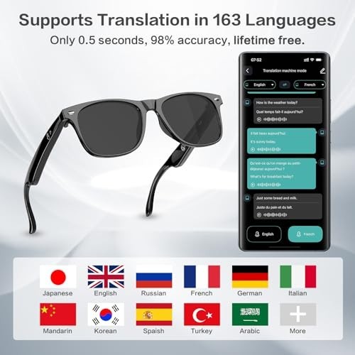 AI Smart Glasses for Men & Women, Real-Time Translation 164 Languages, 50H Batte