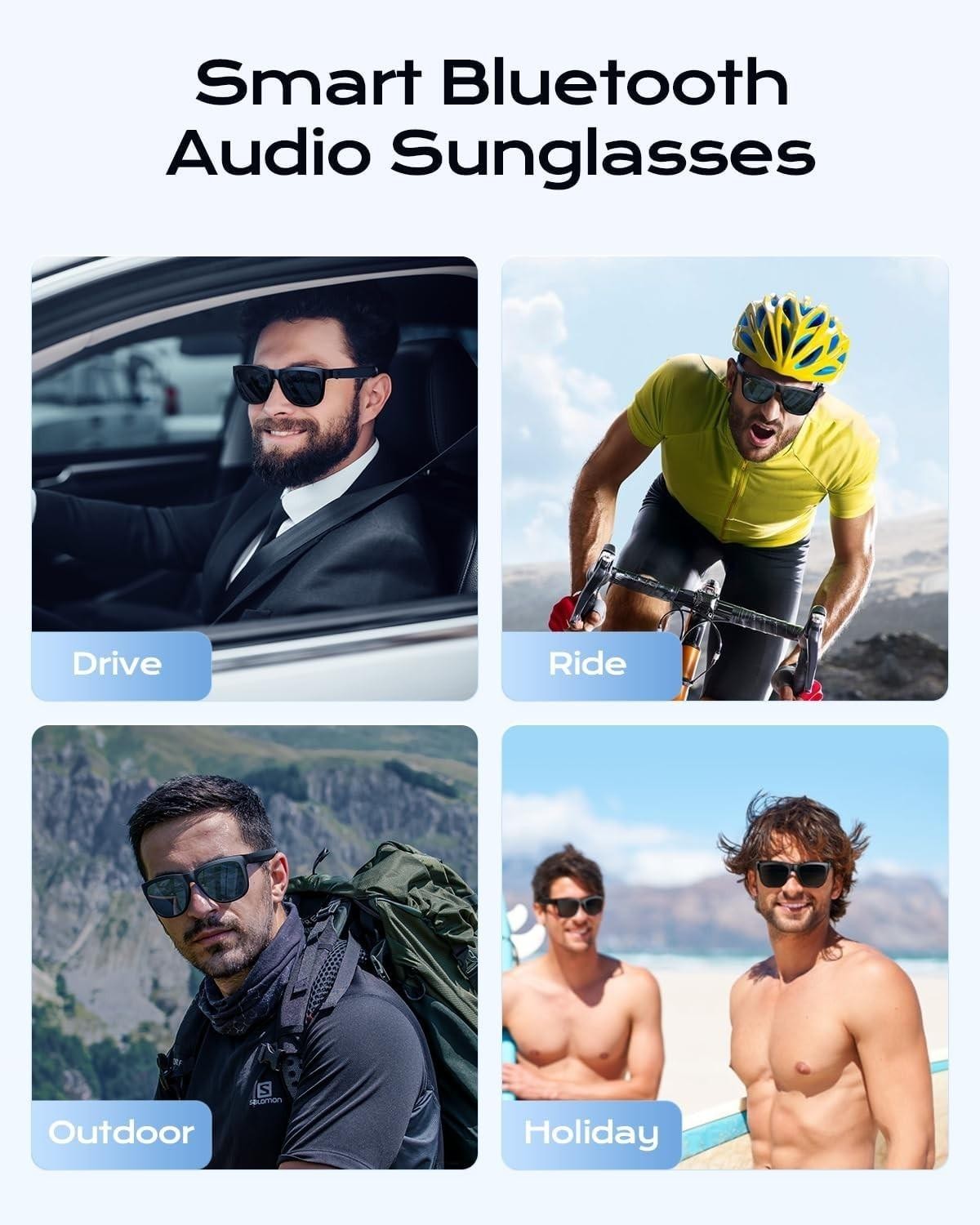 Smart Bluetooth Audio Glasses with Mic, UV400 Sunglasses, Unisex Black