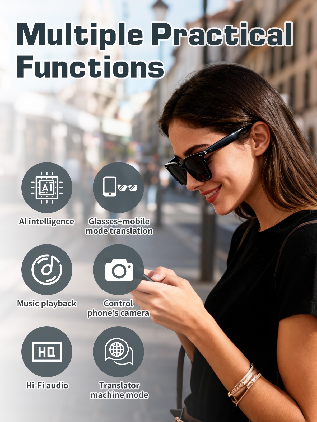 Smart Glasses AI Bluetooth Sunglasses Call Music Translation Work for Men&Women