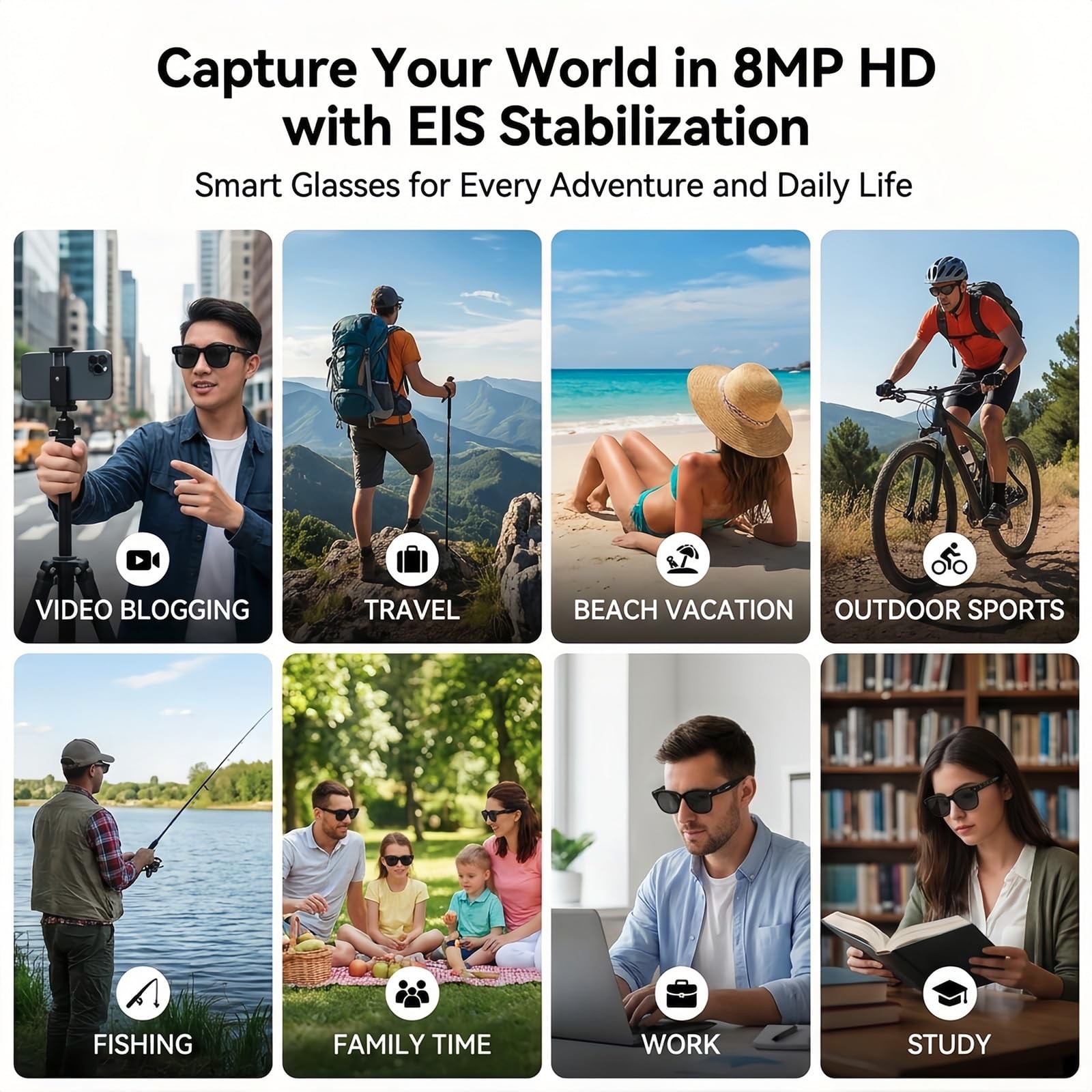 AI Smart Glasses with Camera, 8MP HD Bluetooth Camera Glasses for Women Men
