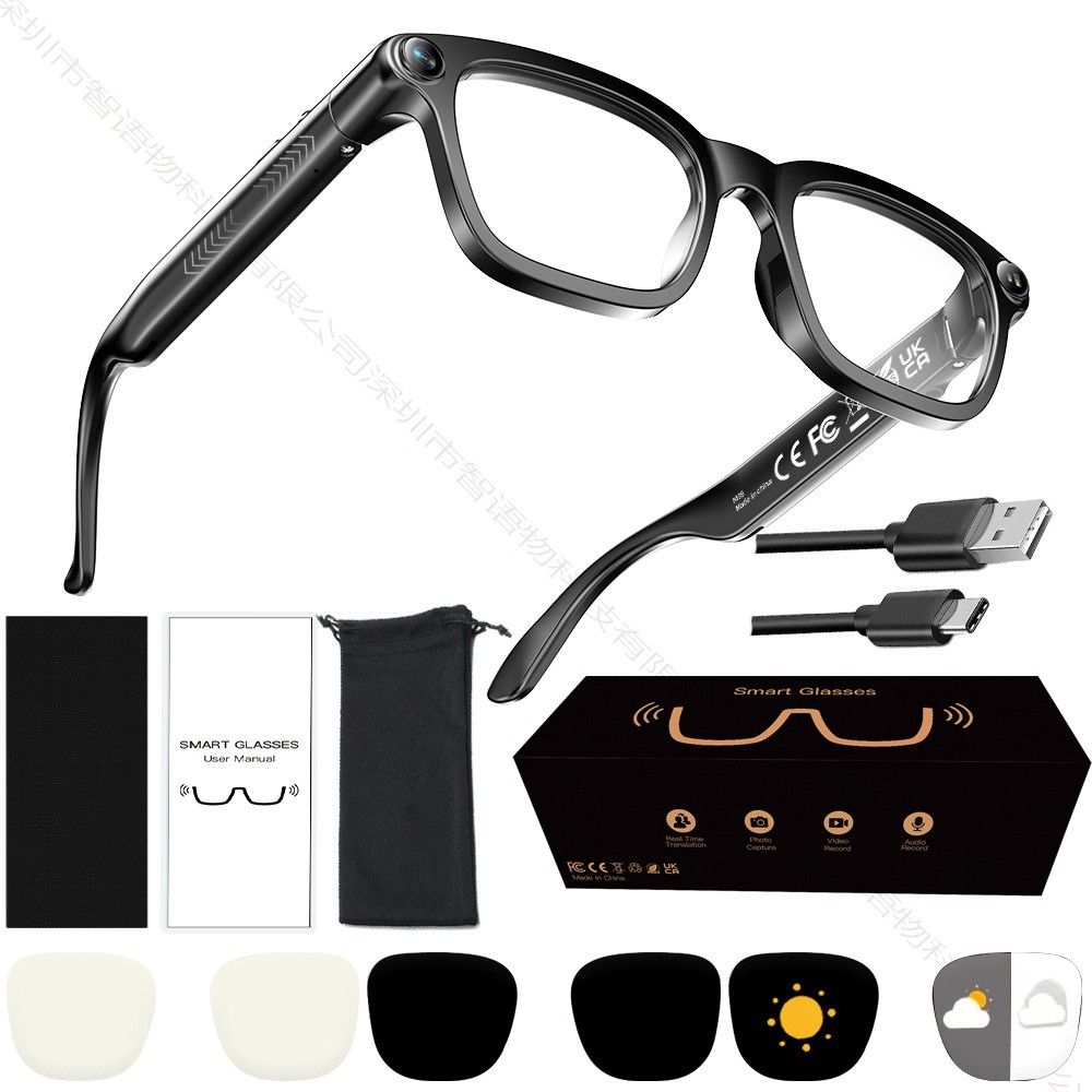 AI Smart Glasses 8MP Cam Real-Time Translator EIS Anti-Shake 3 Lenses